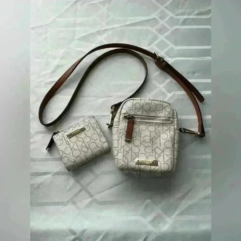 Calvin Klein White and Brown Crossbody Bag
